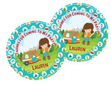 Forest adventure party label with girl hiker