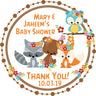 Forest animal baby shower sticker with woodland animals and flowers fall colors