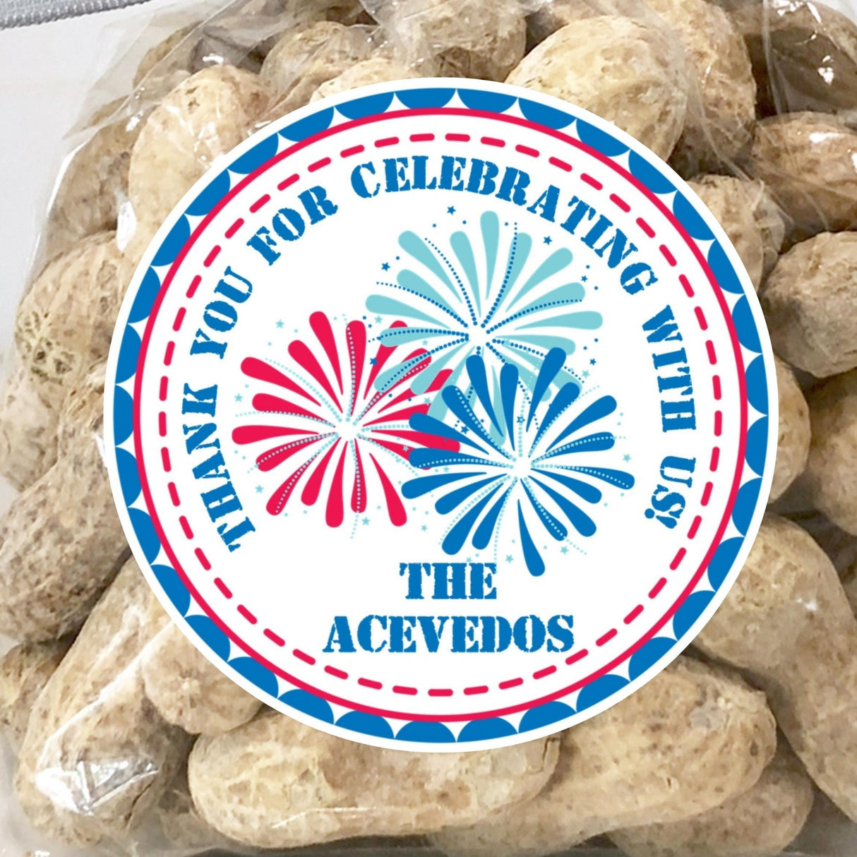 Fourth of July fireworks party favor stickers with family name