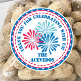 Fourth of July fireworks party favor stickers with family name