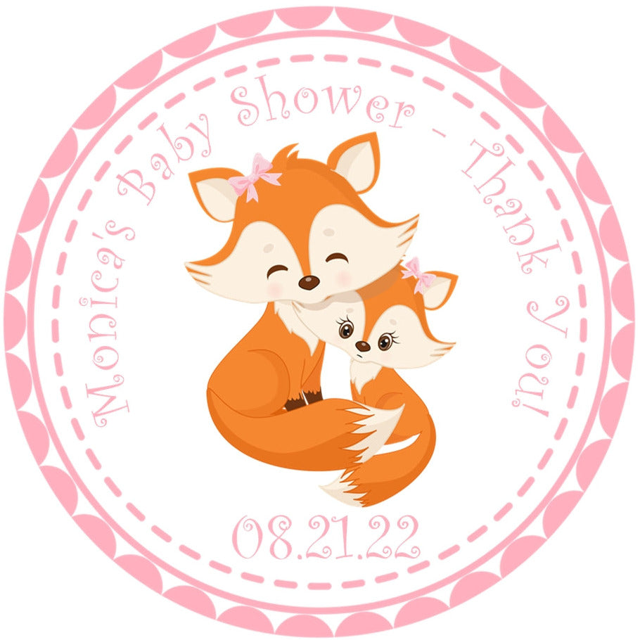 Fox baby shower sticker with pink border and woodland animal design