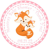 Fox baby shower sticker with pink border and woodland animal design