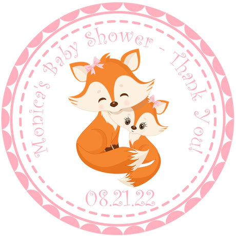 Fox baby shower sticker with pink border and woodland animal design