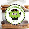 Frankenstein cupcake Halloween sticker with green monster face and stitched details