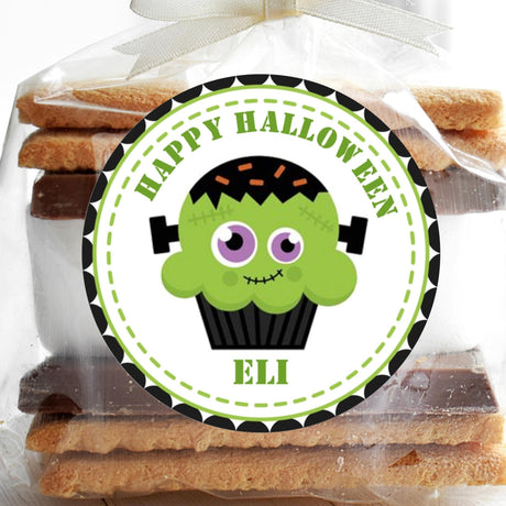 Frankenstein cupcake Halloween sticker with green monster face and stitched details