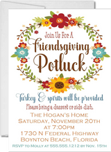 Friendsgiving potluck invitation with warm autumn floral wreath design