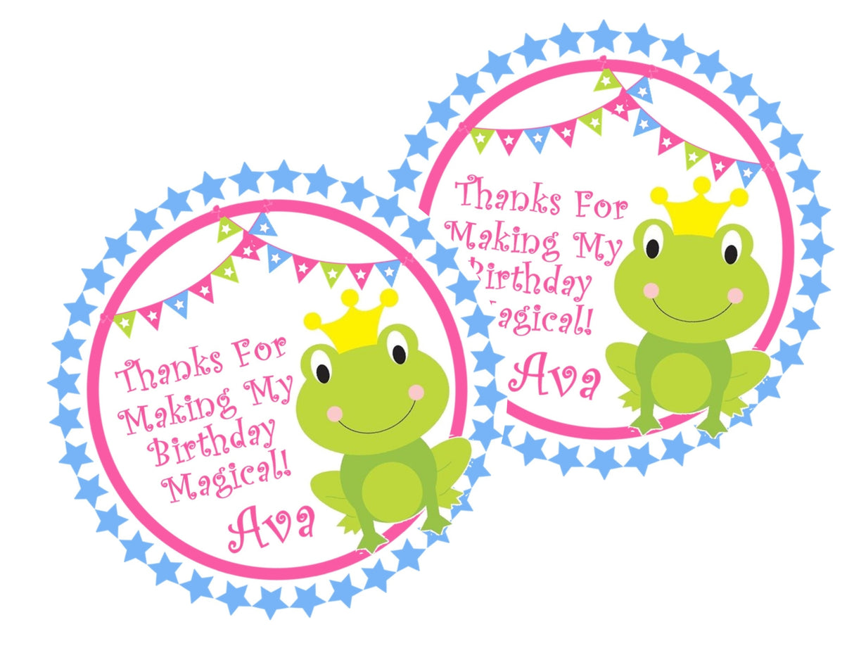 Frog princess birthday sticker with bunting and blue star border