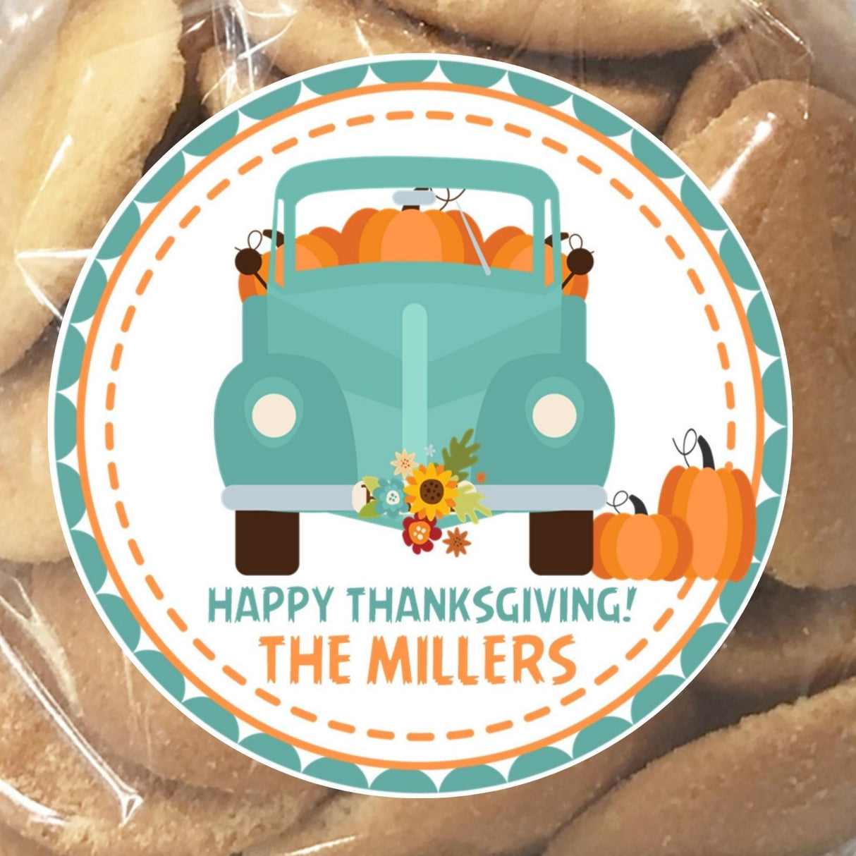 Front view aqua pumpkin truck Thanksgiving sticker with fall florals