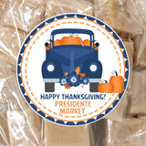 Front view blue pumpkin truck Thanksgiving sticker with harvest accents