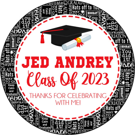 Personalized Red Graduation Party Stickers – Graduation Cap and Diploma Favor Labels