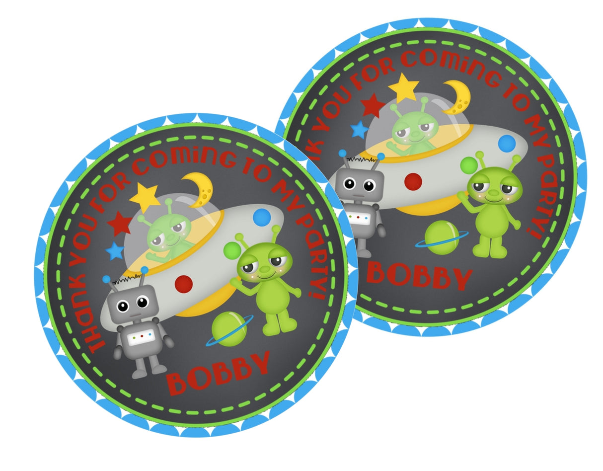 Galaxy theme spaceship and alien birthday label