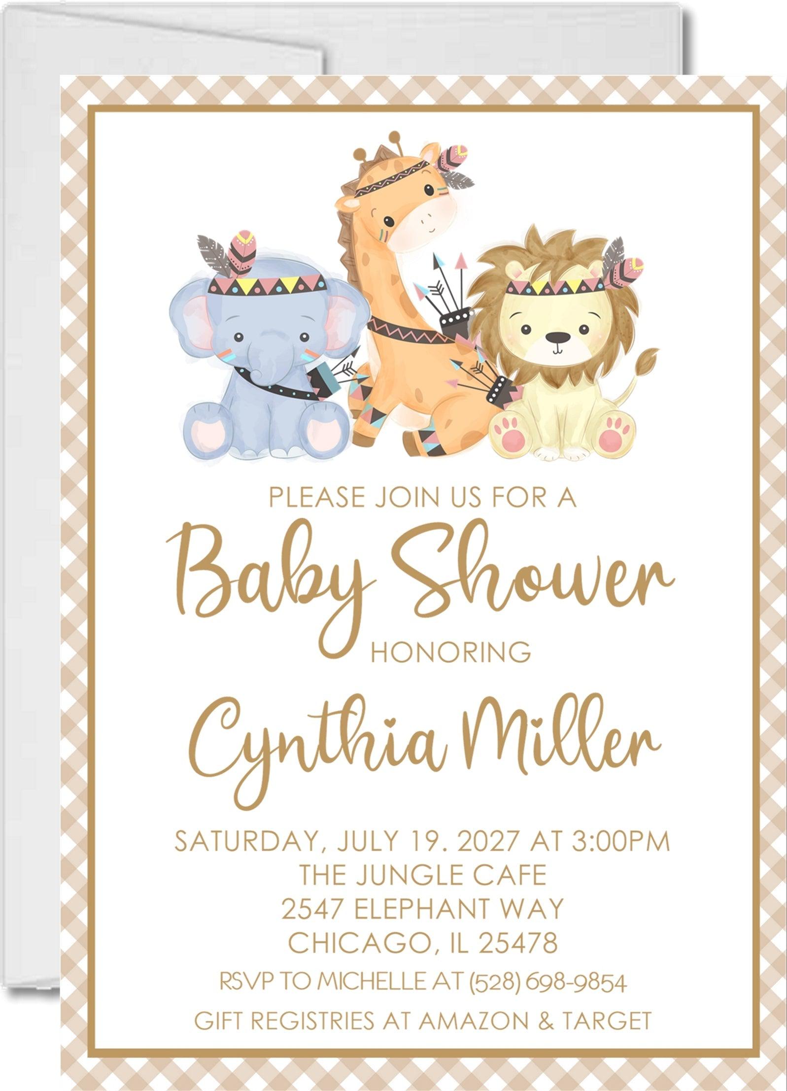 Gender Neutral Boho Safari Animals Baby Shower Invitations