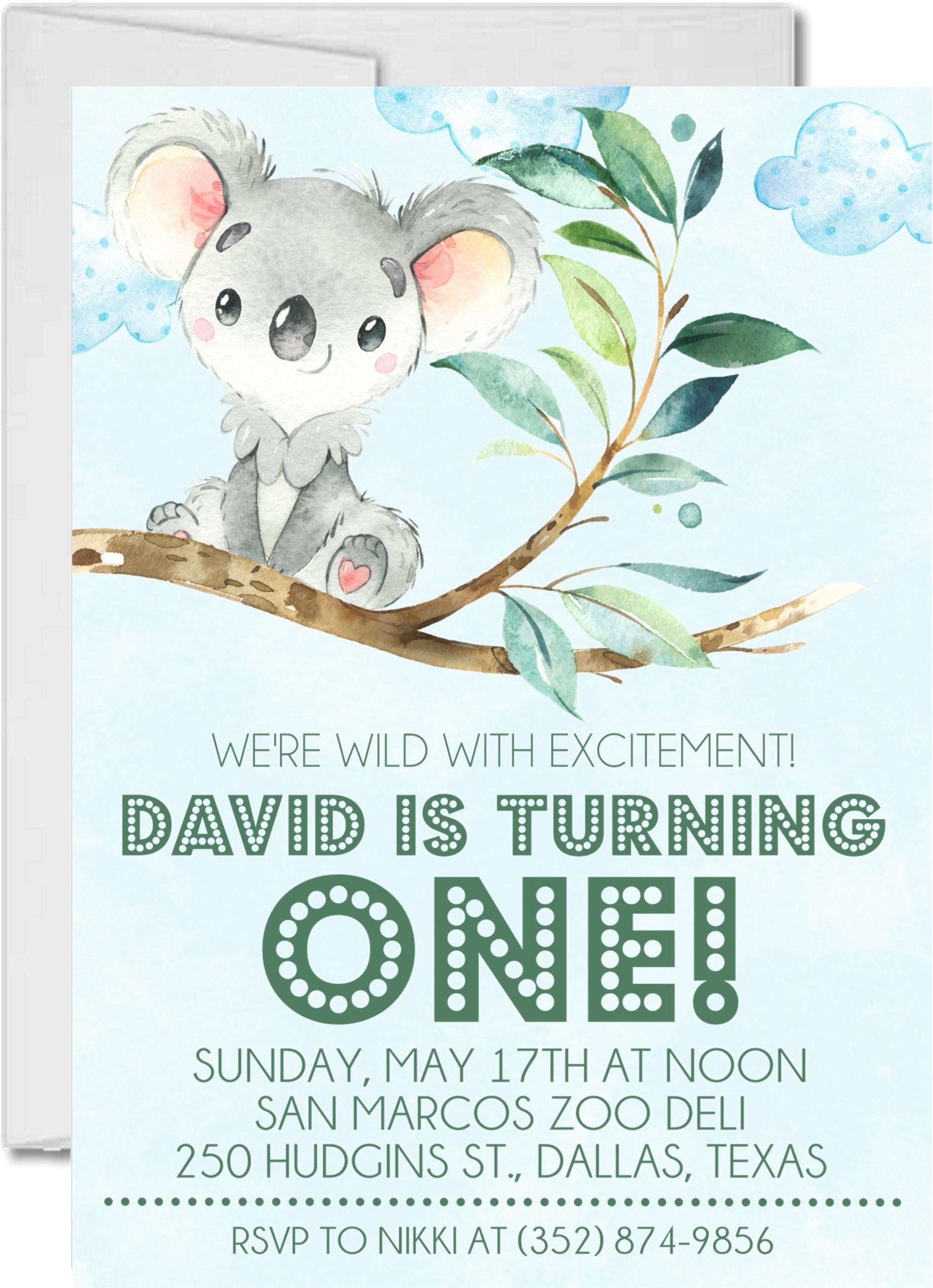 Gender Neutral Koala 1st Birthday Party Invitations
