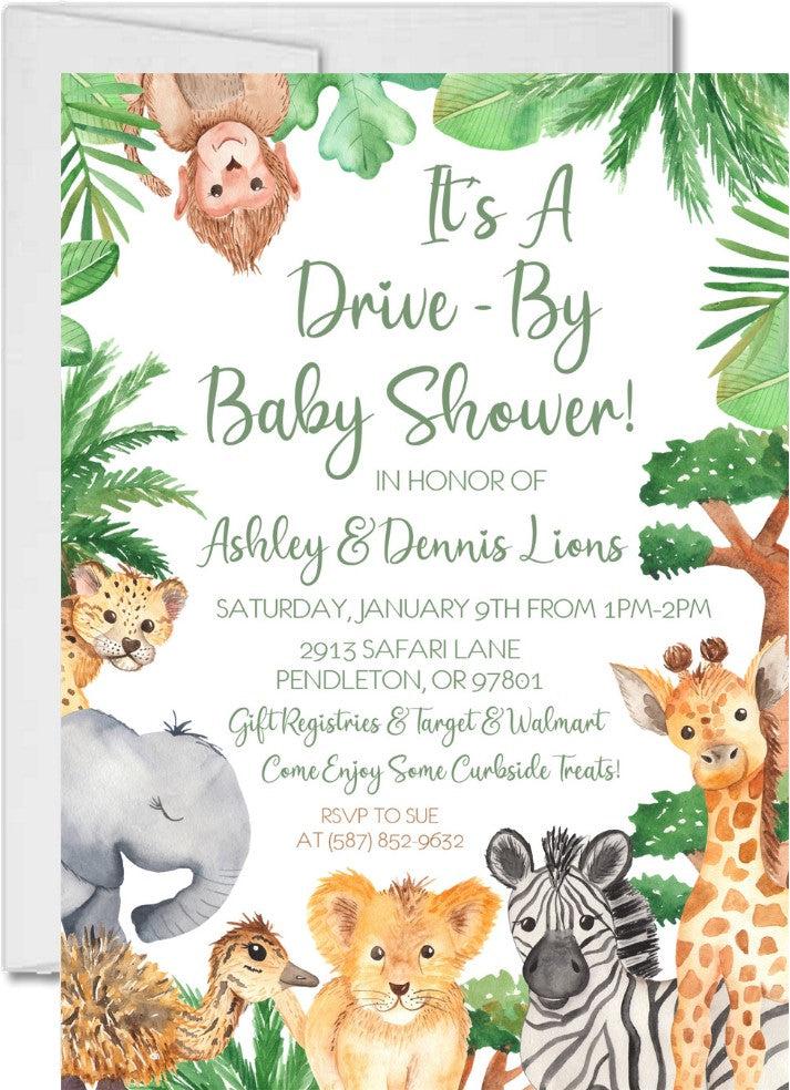 Gender Neutral Safari Animals Drive By Baby Shower Invitations