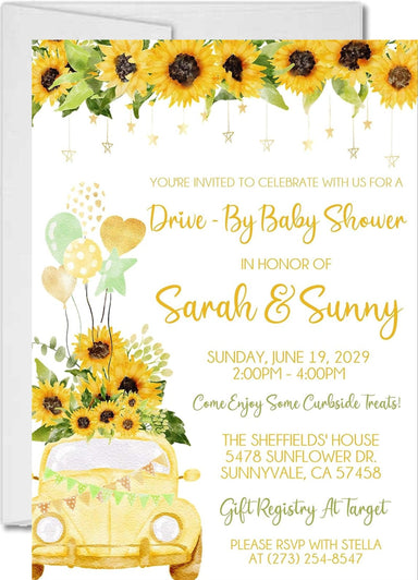 Gender Neutral Sunflower Drive By Baby Shower Invitations