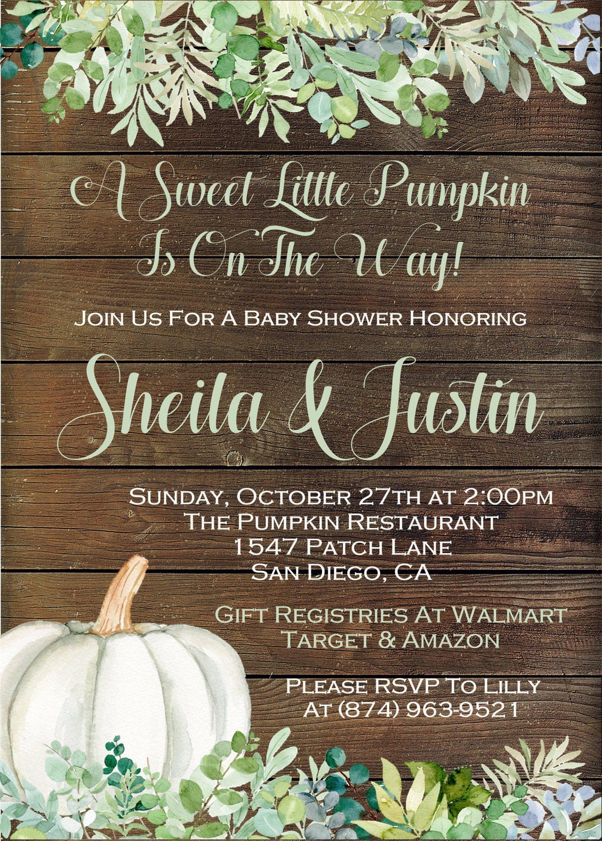 Gender neutral eucalyptus pumpkin baby shower invitation