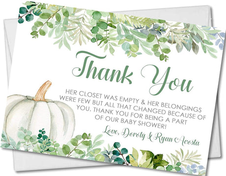 Gender neutral green pumpkin baby shower thank you cards