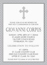 Gender neutral religious invitations with decorative cross and gray border design