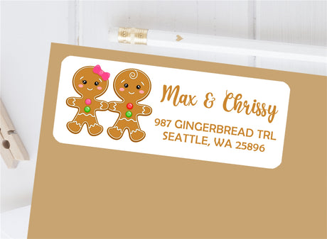 Gingerbread Christmas return address labels on envelope