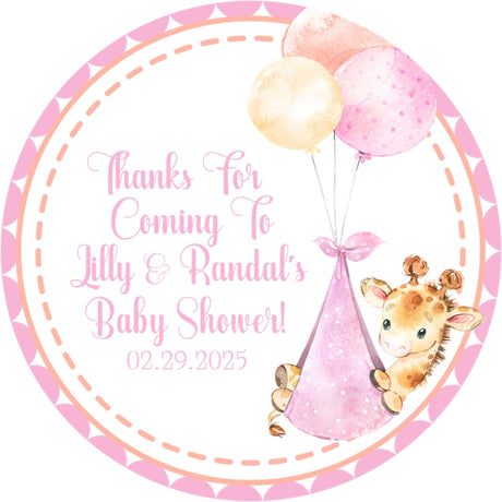 Giraffe baby shower sticker with pink balloons and safari theme