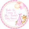 Giraffe baby shower sticker with pink balloons and safari theme