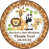 Giraffe print safari birthday sticker with lion giraffe zebra and cheetah design