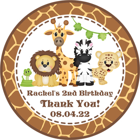 Giraffe print safari birthday sticker with lion giraffe zebra and cheetah design