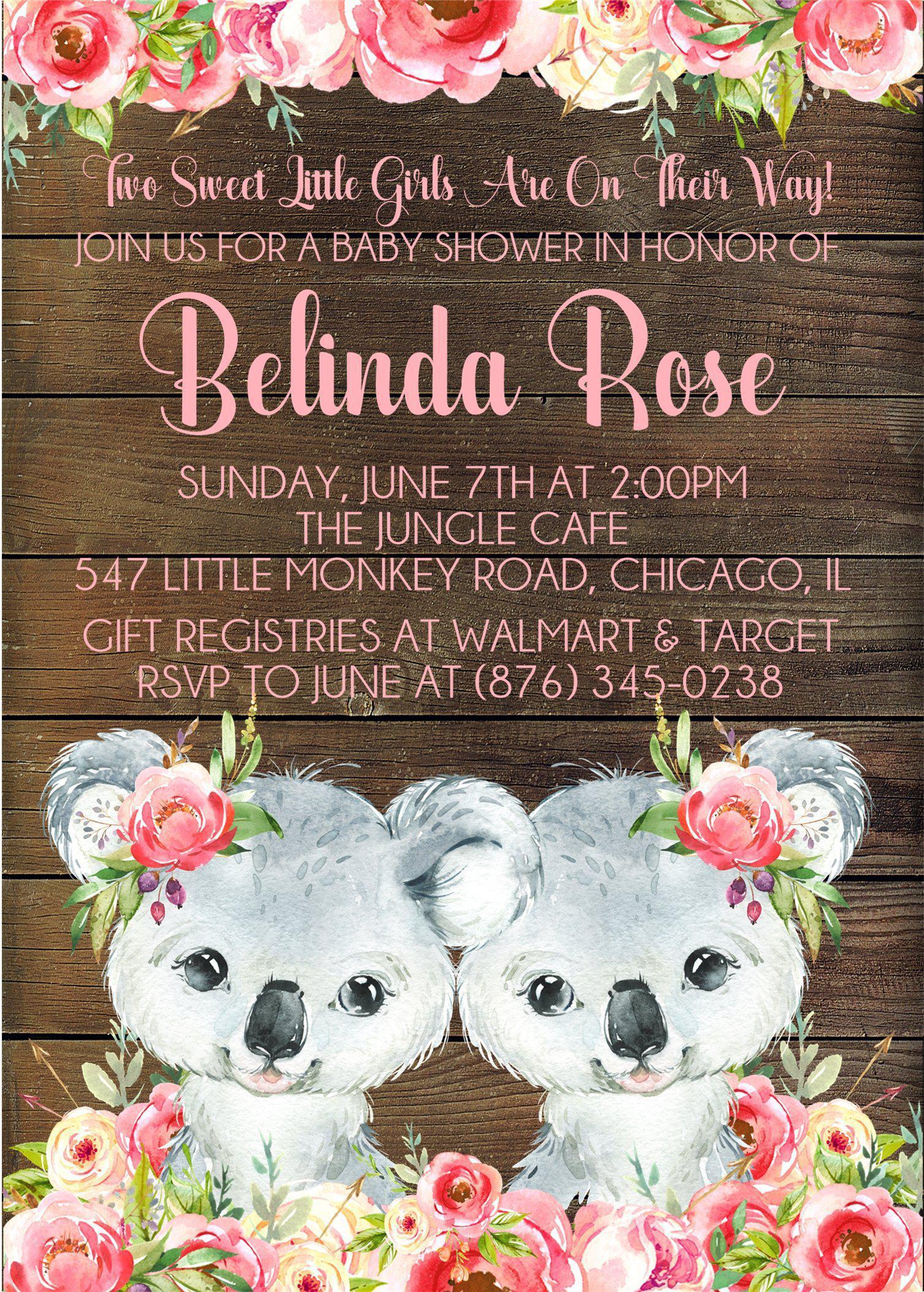 Girl Twins Koala Baby Shower Invitations