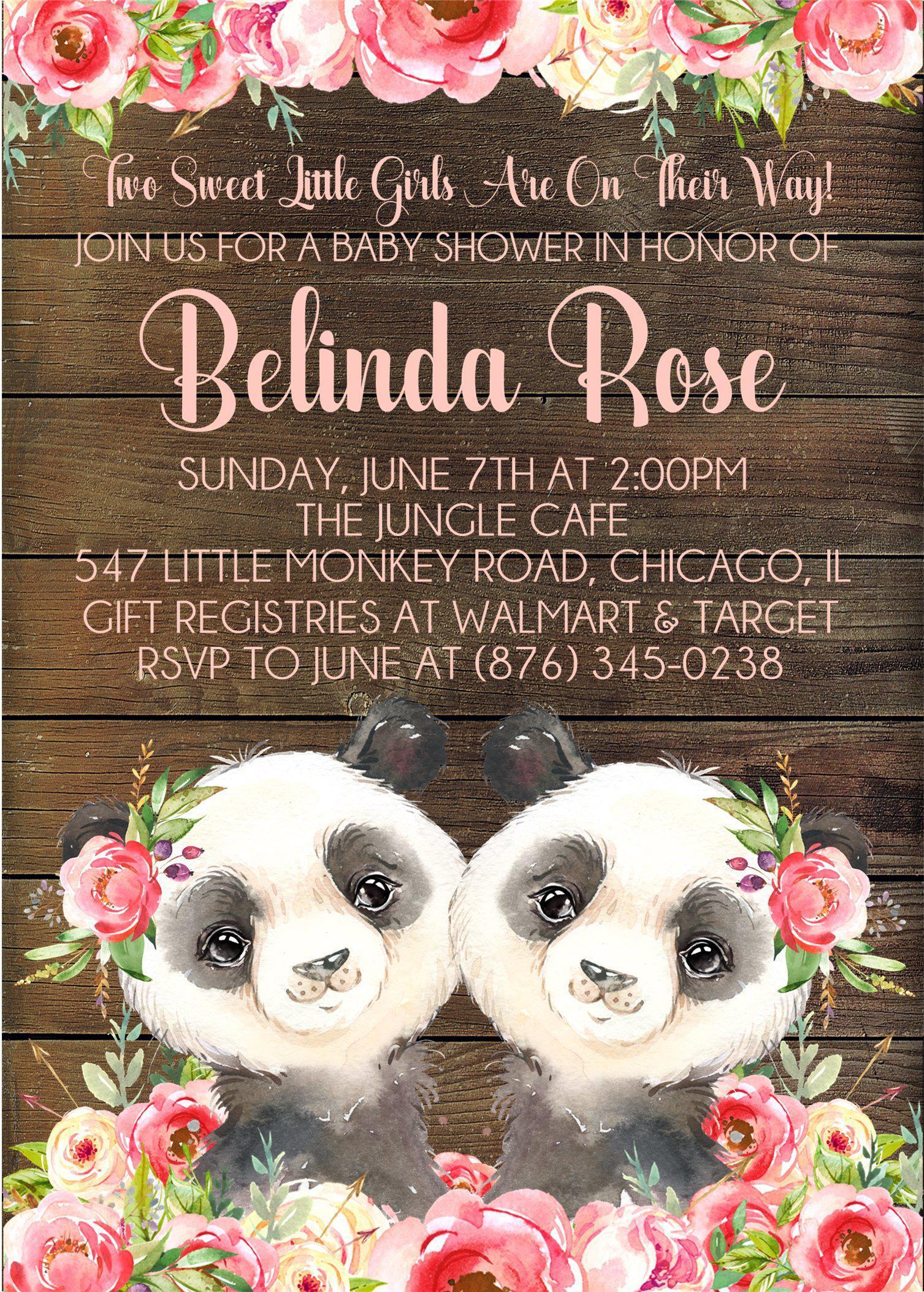 Girl Twins Panda Baby Shower Invitations