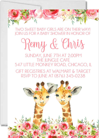 Girl Twins Safari Giraffe Baby Shower Invitations