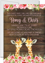 Girl Twins Safari Giraffe Baby Shower Invitations