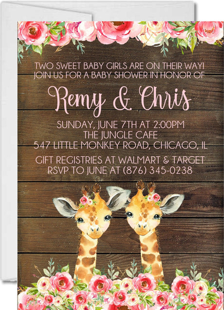 Girl Twins Safari Giraffe Baby Shower Invitations