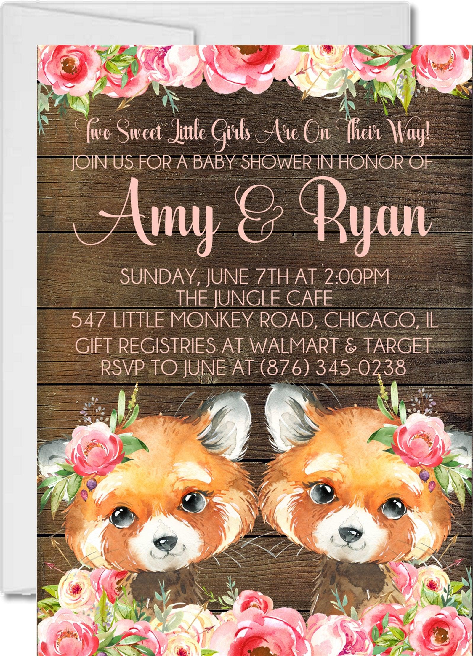 Girl Twins Woodland Fox Baby Shower Invitations