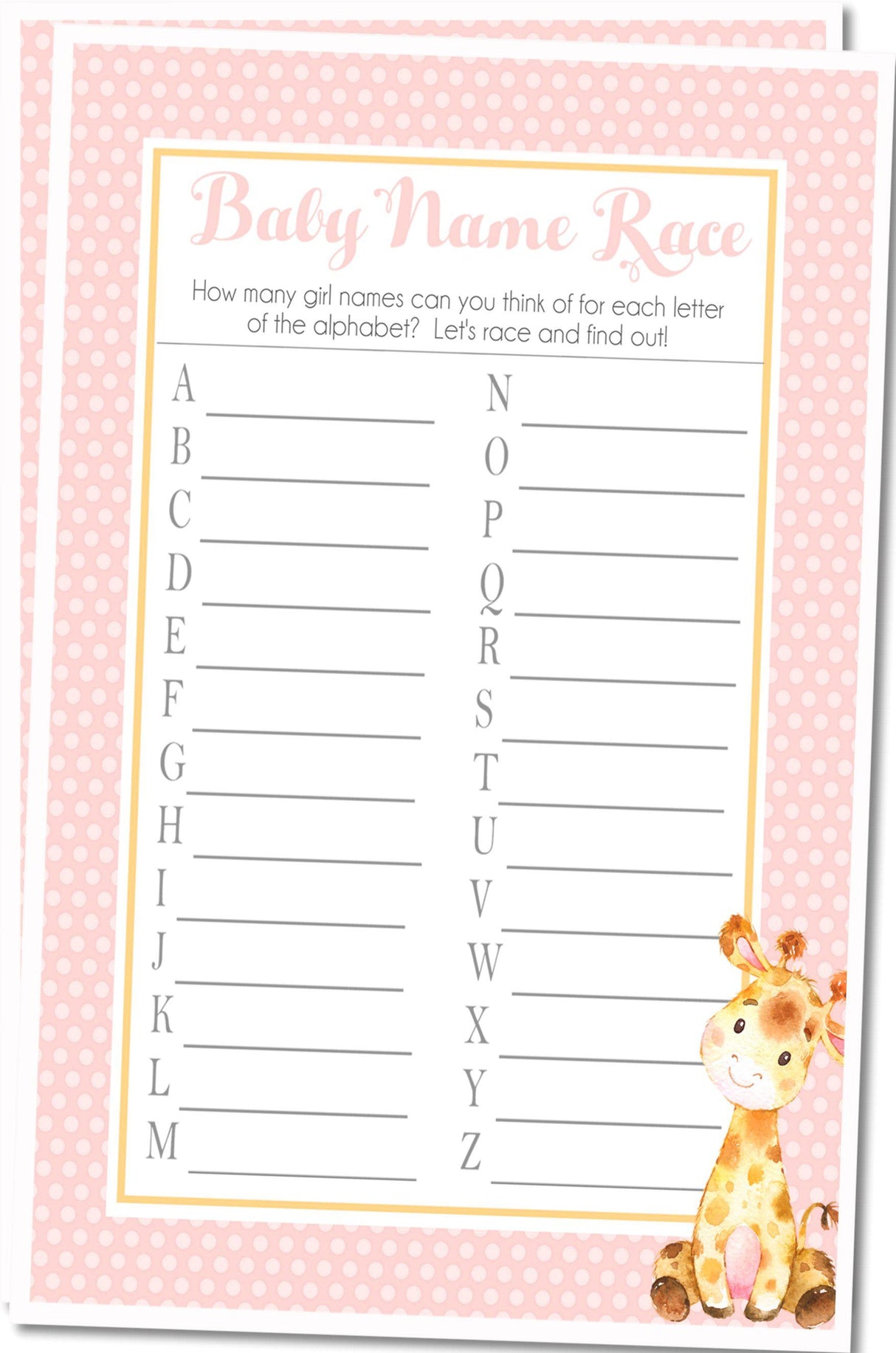Girl baby shower name race giraffe theme