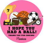 Girl’s sports party favor sticker with trophy and assorted sports equipment