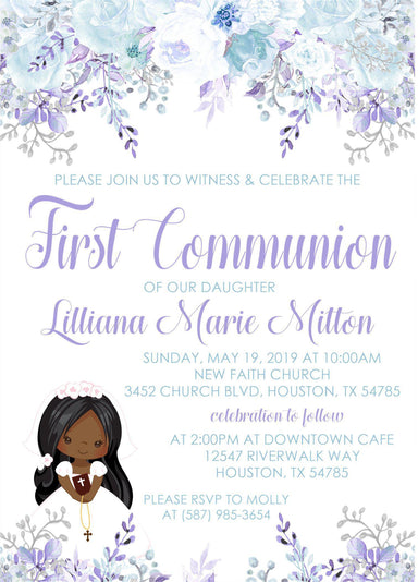Girls Blue And Lavender First Communion Invitations