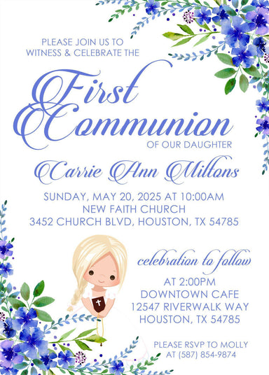 Girls Blue First Communion Invitations