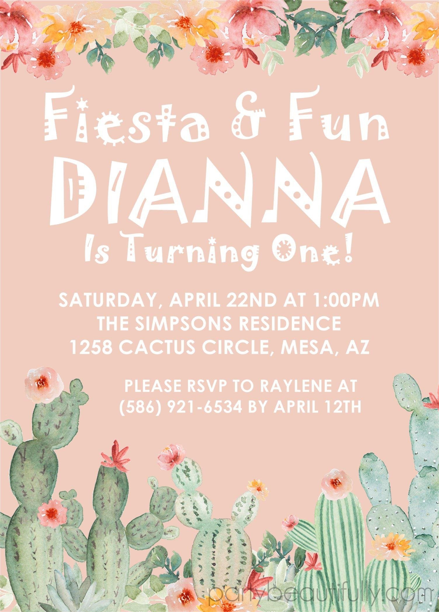 Girls Cactus 1st Birthday Party Invitations