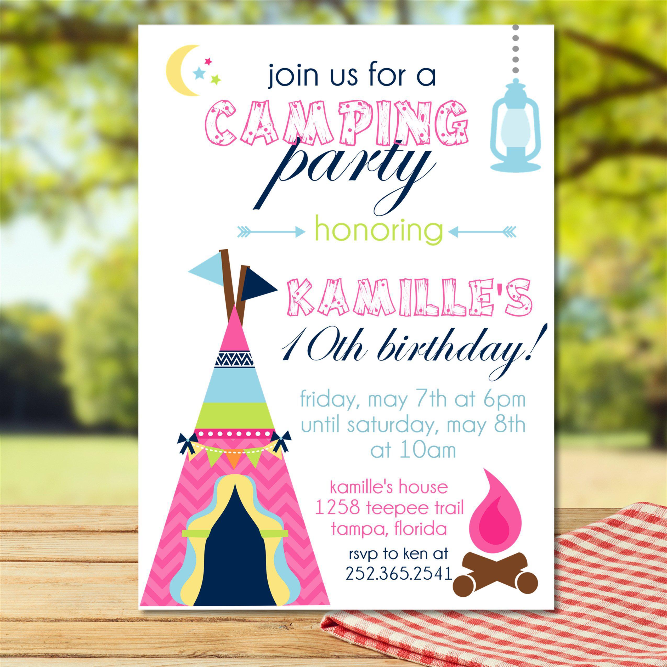 Girls Camping Birthday Party Invitations