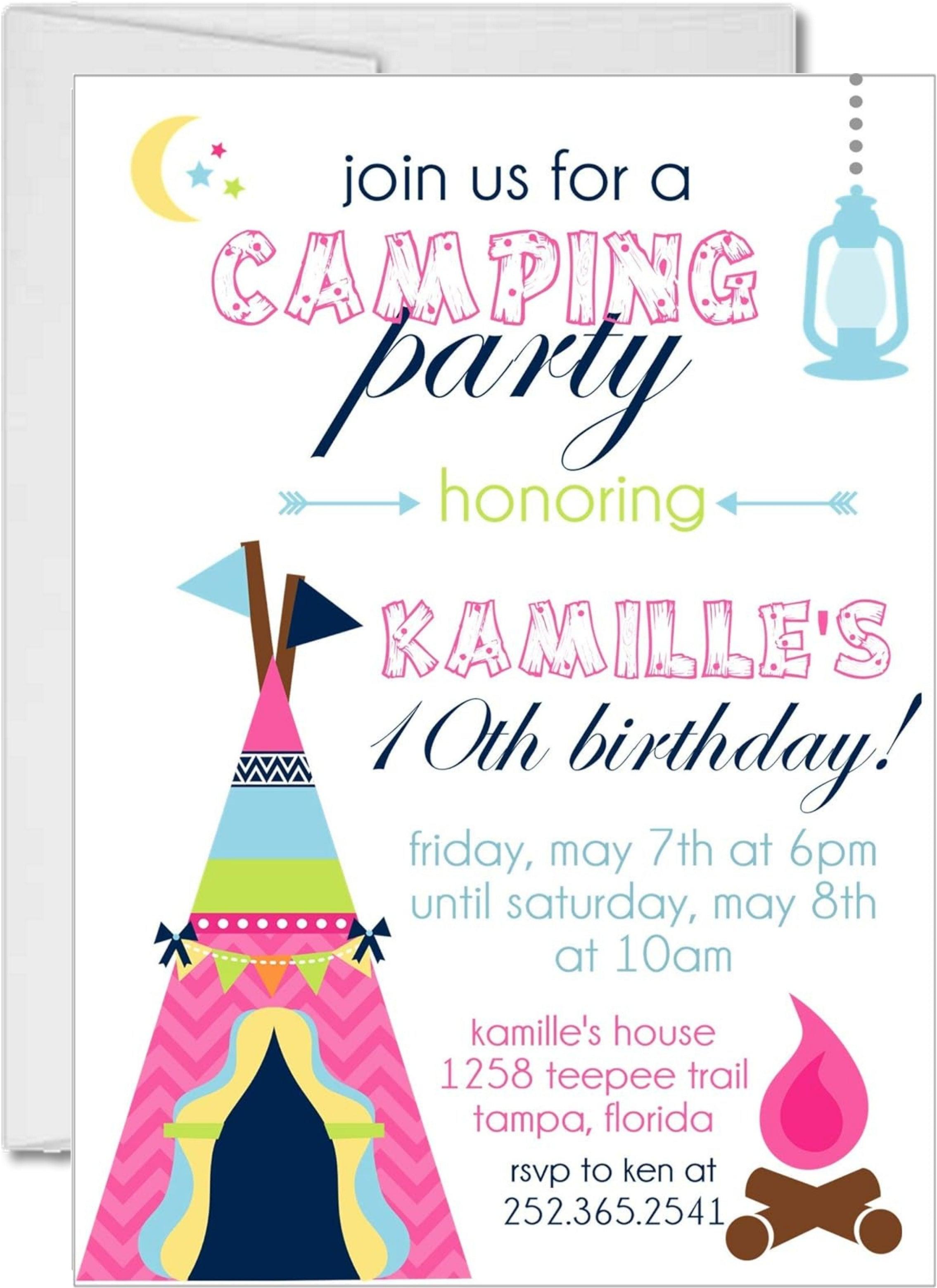 Girls Camping Birthday Party Invitations
