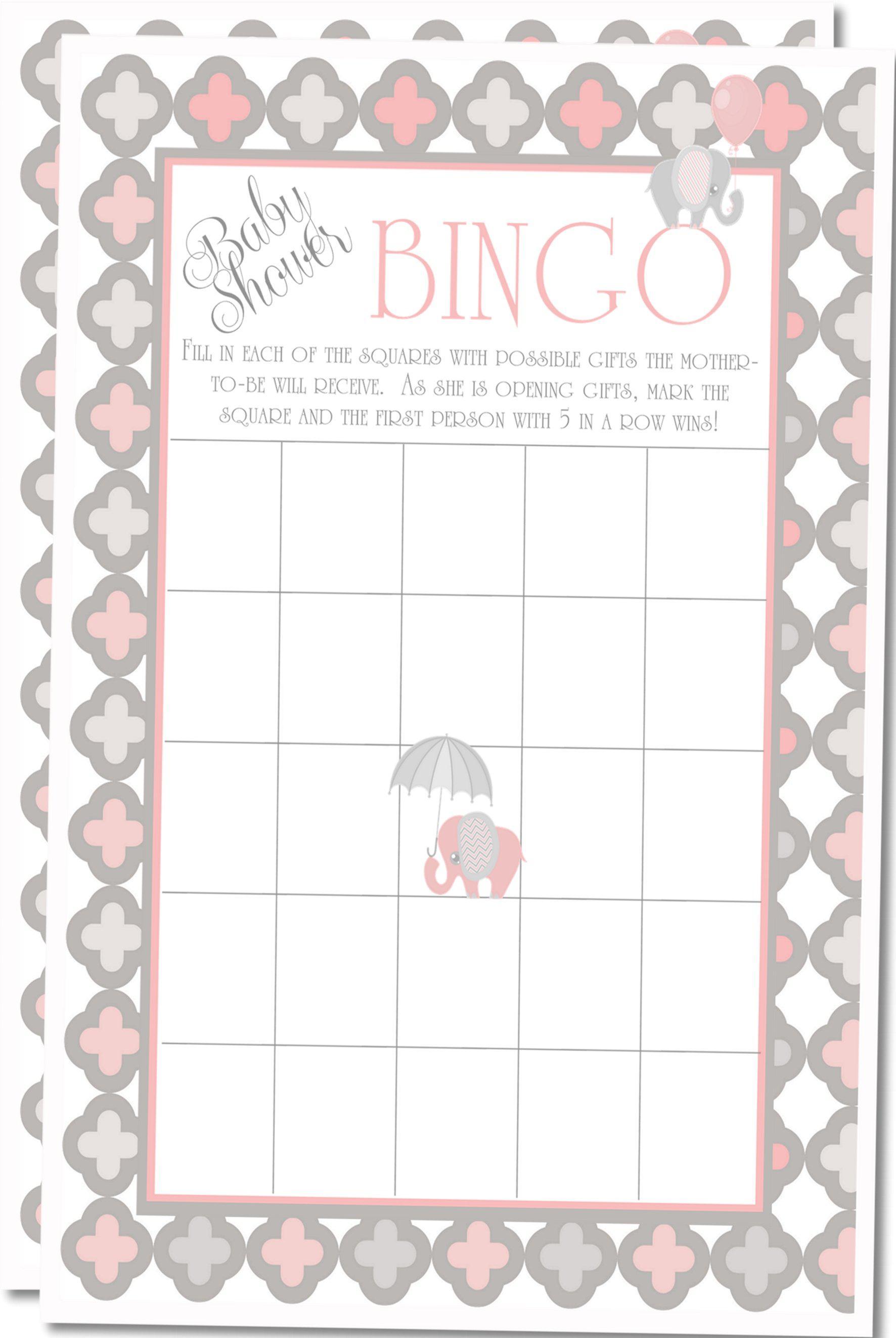 Girls Elephant Baby Shower Bingo Cards