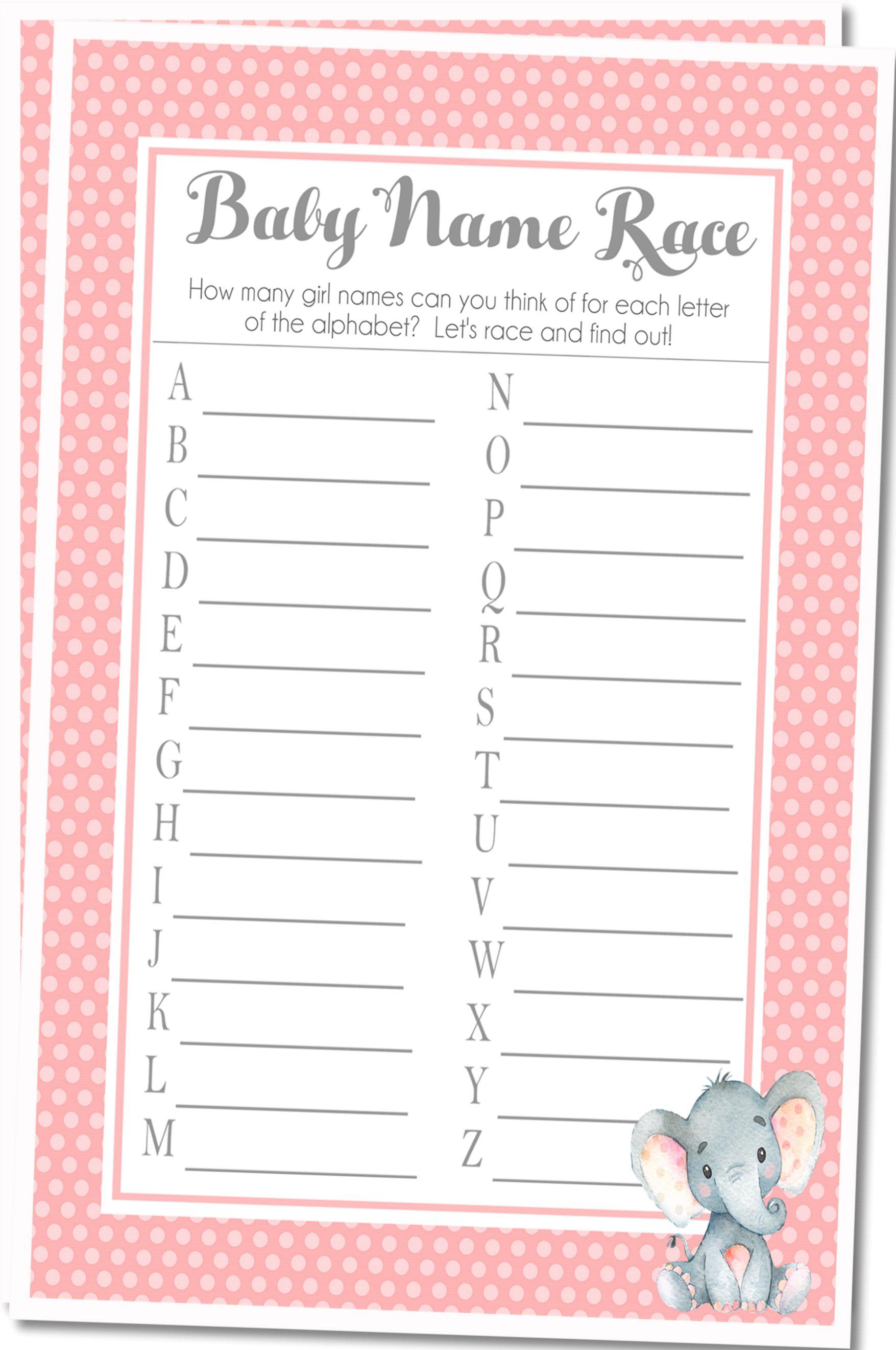Girls Elephant Baby Shower Name Race Game Cards
