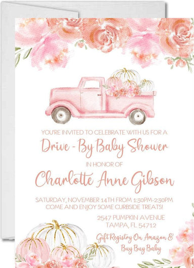 Girls Fall Pumpkin Drive By Baby Shower Invitations