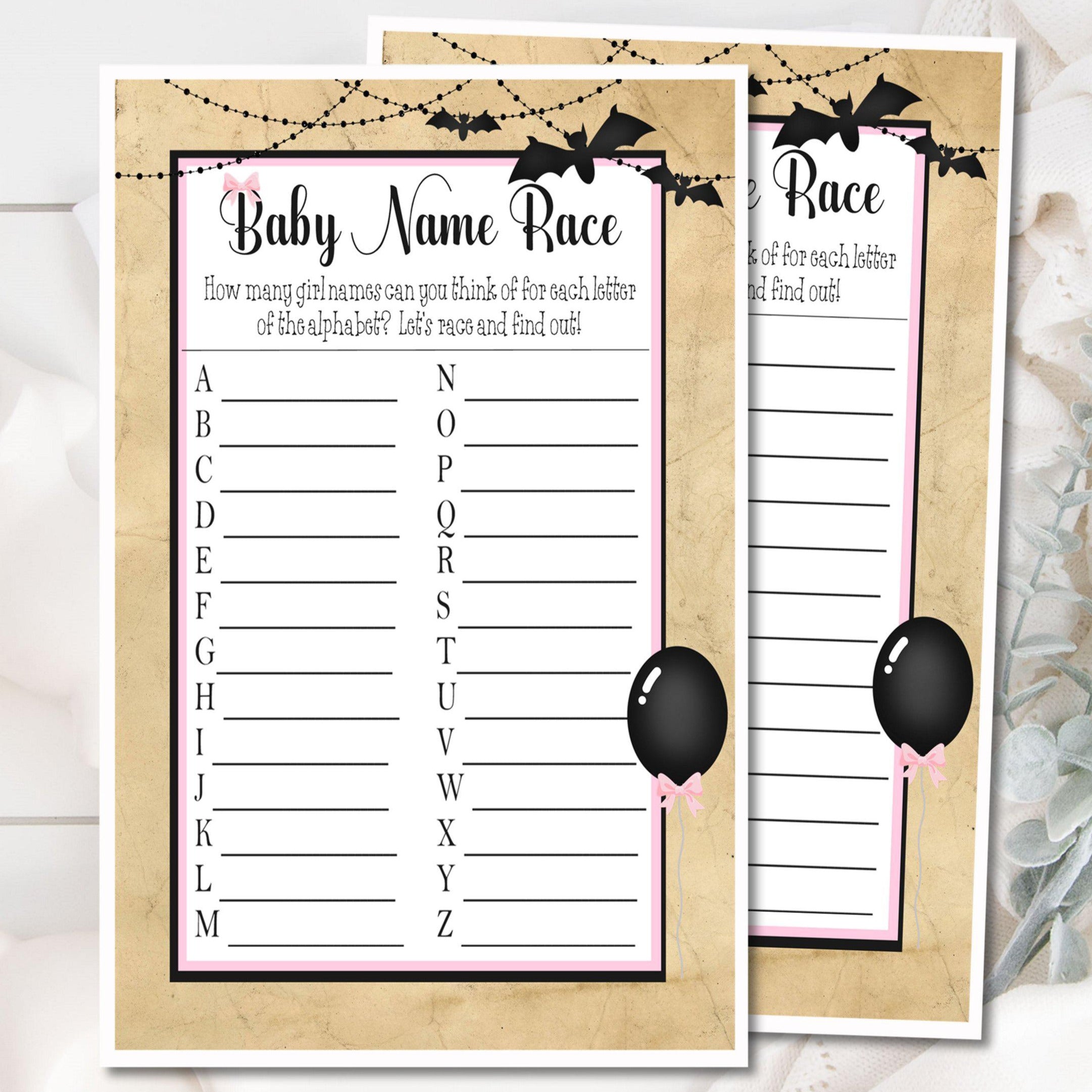 Girls Halloween Baby Shower Name Race Game Cards