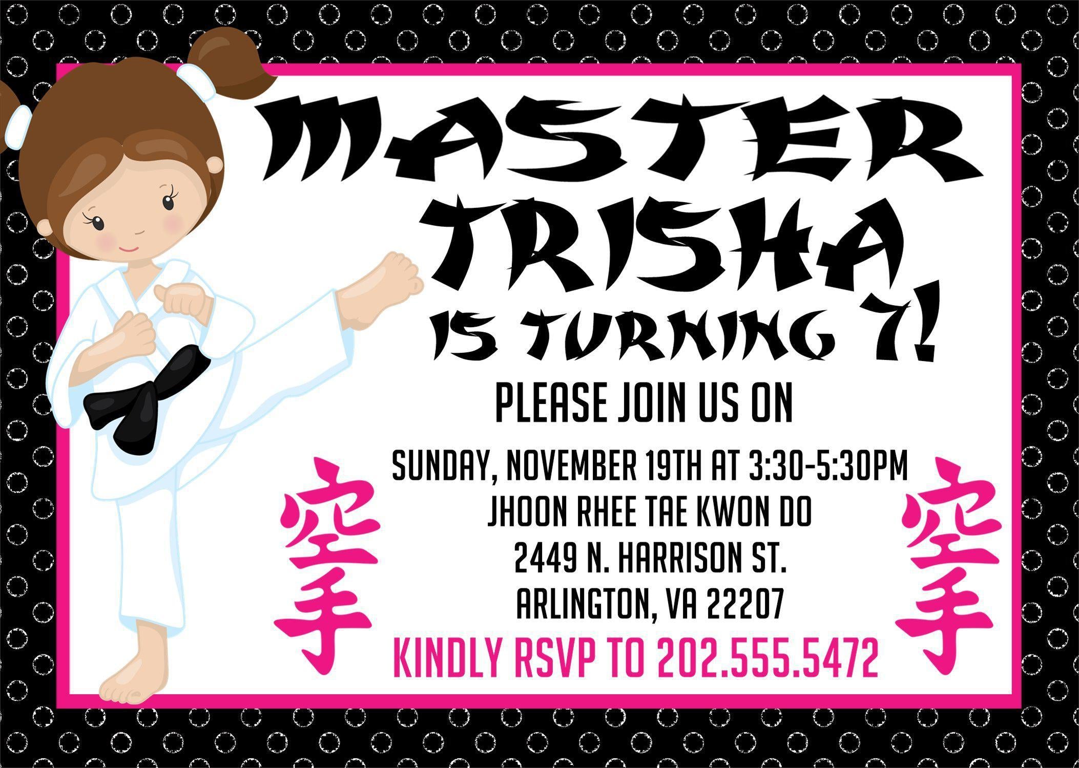 Girls Karate Birthday Party Invitations