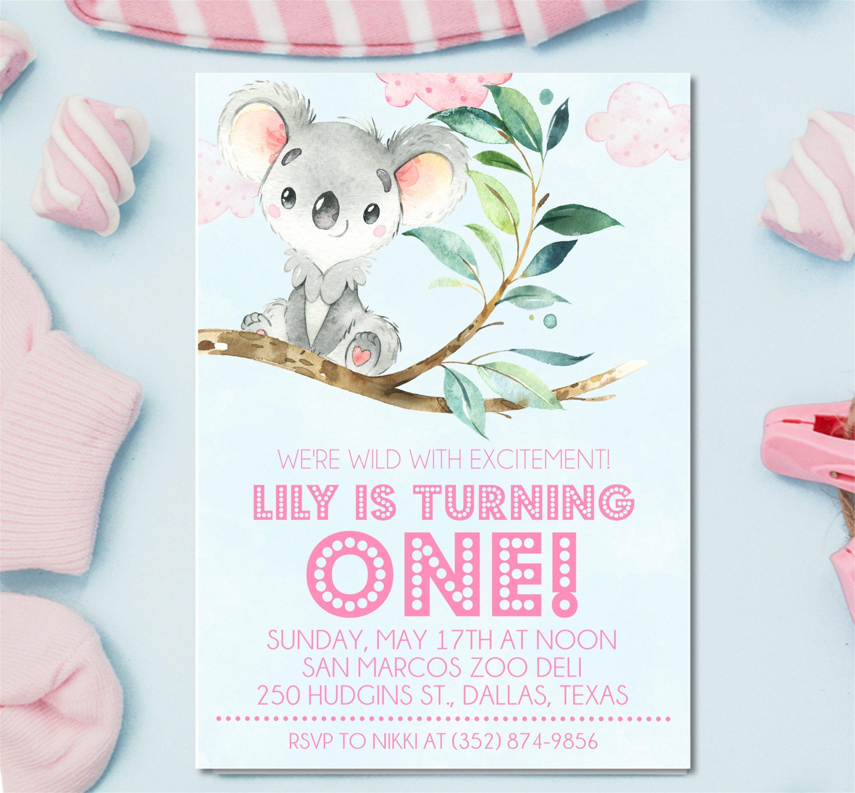 Girls Koala 1st Birthday Party Invitations