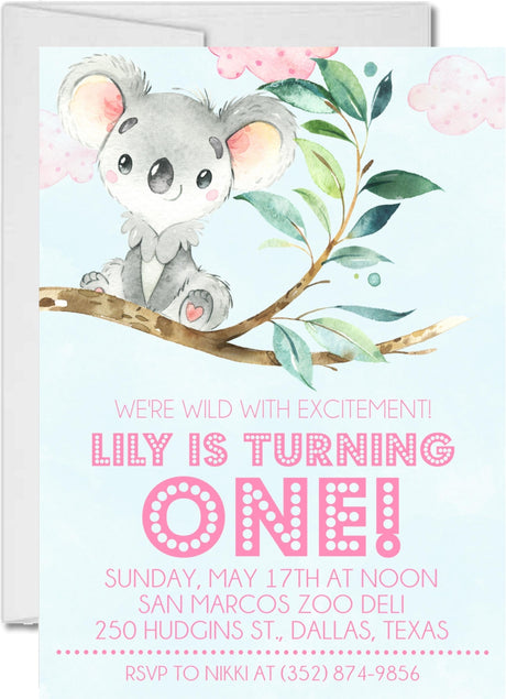 Girls Koala 1st Birthday Party Invitations