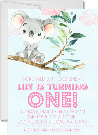 Girls Koala 1st Birthday Party Invitations