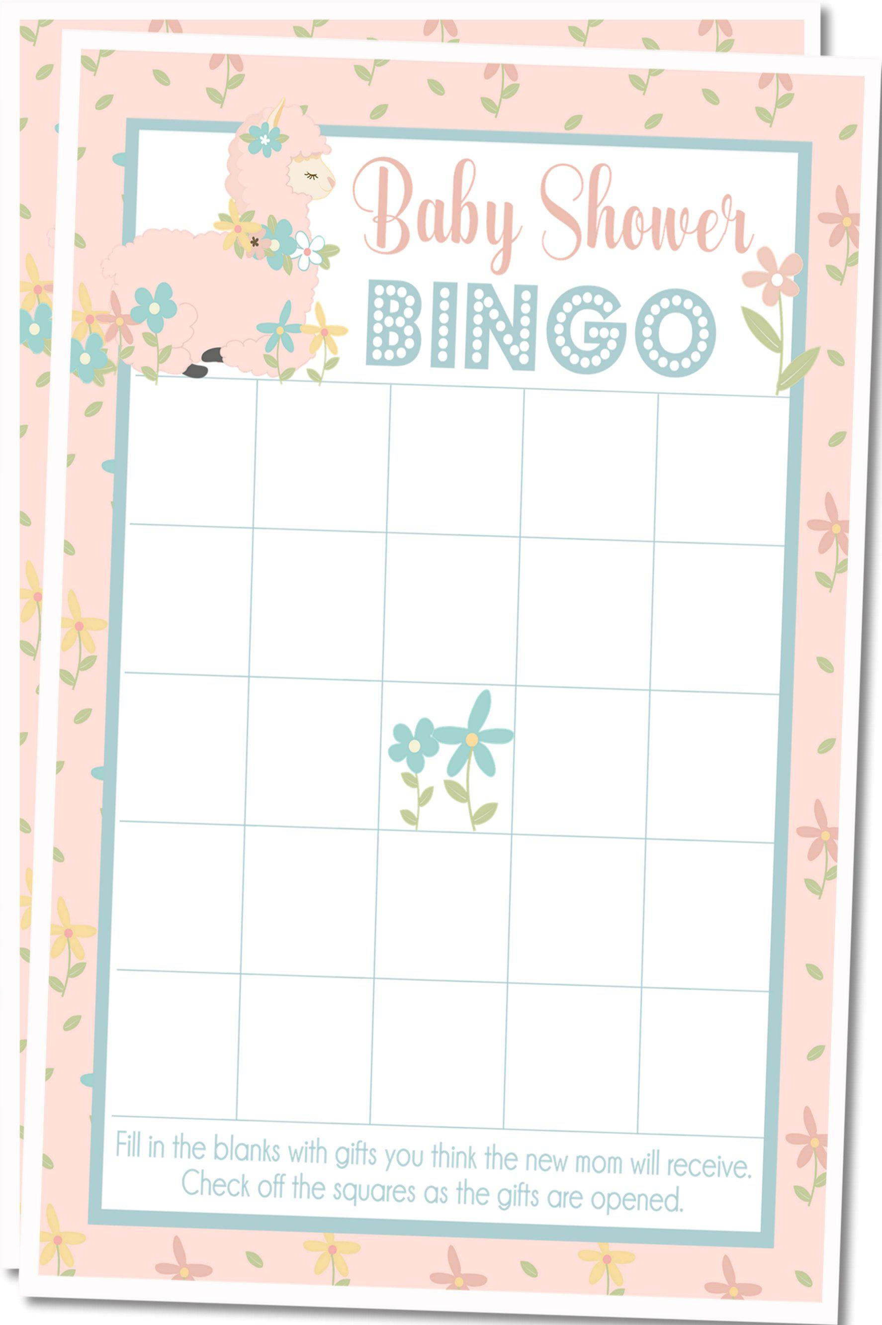 Girls Llama Baby Shower Bingo Cards