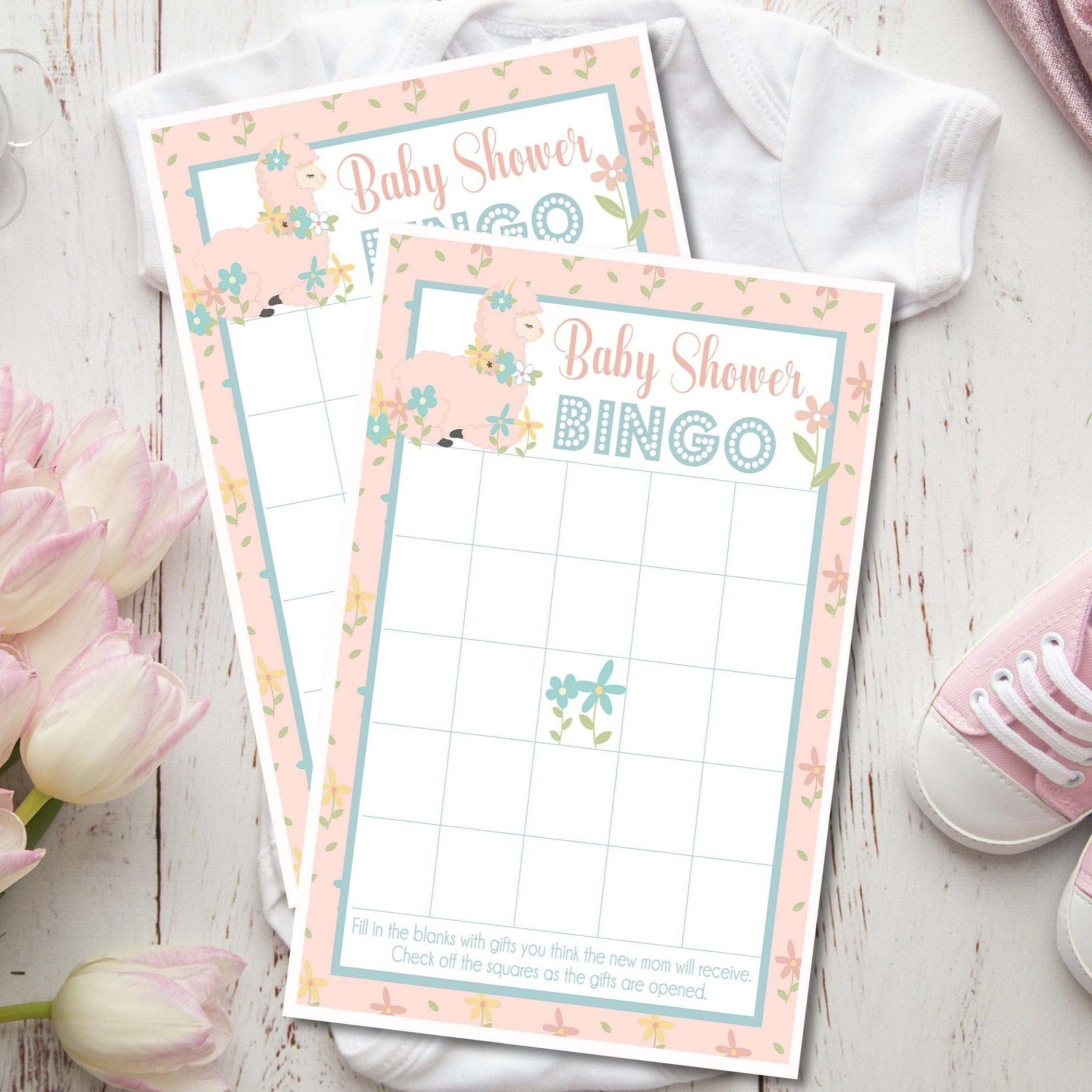 Girls Llama Baby Shower Bingo Cards